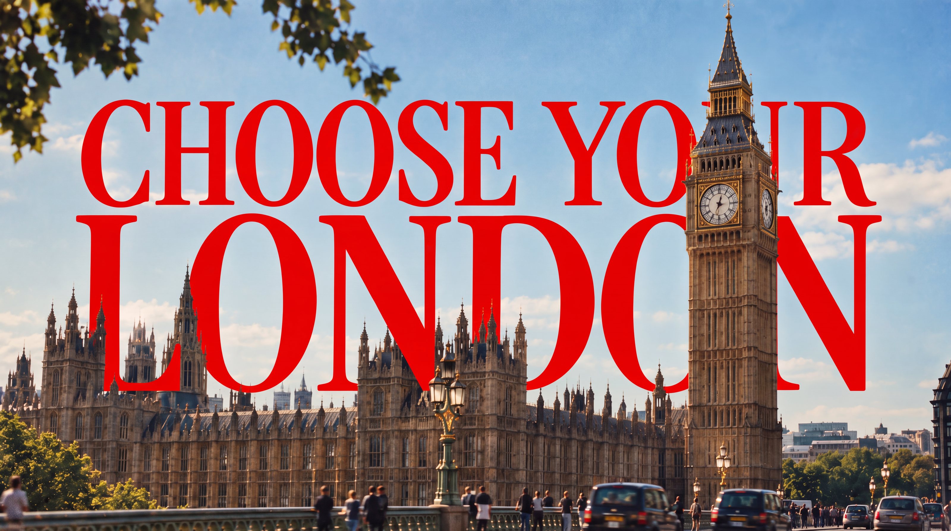 Choose Your London in red over Big Ben and the Houses of Parliament